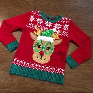 It's Our Time Juniors Red Sequin Reindeer Elf Holiday Christmas Sweater